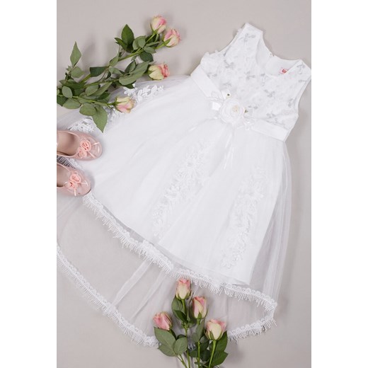 Biała Elegancka Sukienka z Wiązanym Paskiem i Motywem Róż z Tiulowym Dołem Adenie ze sklepu Born2be Odzież w kategorii Sukienki dziewczęce - zdjęcie 153245282