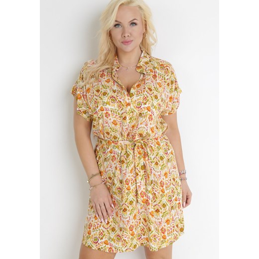 Żółta Kwiecista Sukienka Mini z Krótkim Rękawem i Materiałowym Paskiem Trethy 2XL wyprzedaż Born2be Odzież