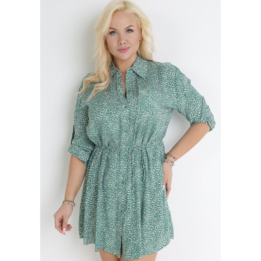 Zielona Koszulowa Sukienka Mini z Materiałowym Paskiem i Podpinanymi Rękawami Eleandia ze sklepu Born2be Odzież w kategorii Sukienki - zdjęcie 153285751
