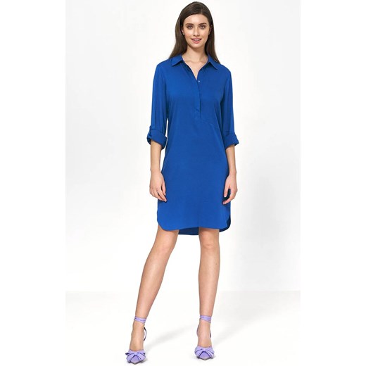 Sukienka oversize z podwijanym rękawem w kolorze niebieskim s226, Kolor niebieski, Rozmiar 42, Nife ze sklepu Primodo w kategorii Sukienki - zdjęcie 153325121