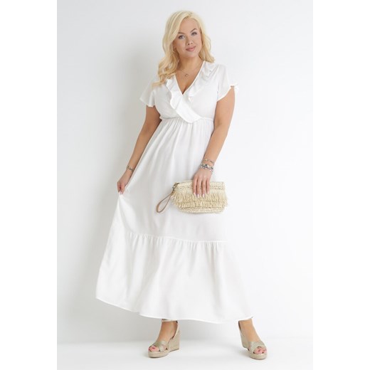 Biała Rozkloszowana Sukienka Maxi z Gumką w Pasie z Falbankami Aimelia ze sklepu Born2be Odzież w kategorii Sukienki - zdjęcie 153347661