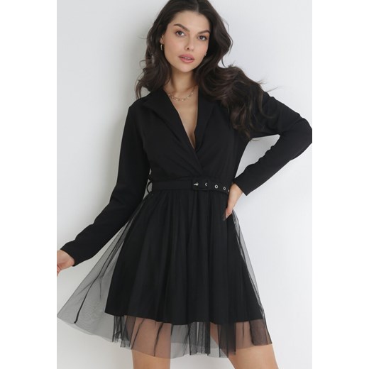 Czarna Kopertowa Sukienka Mini z Paskiem i Tiulem na Dole Anaida ze sklepu Born2be Odzież w kategorii Sukienki - zdjęcie 153374991