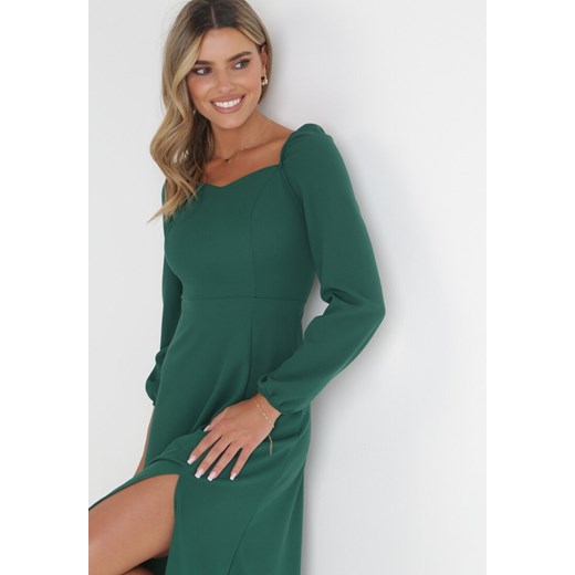 Zielona Rozkloszowana Sukienka z Rozcięciem i Bufiastym Rękawem Calaphne XL okazyjna cena Born2be Odzież