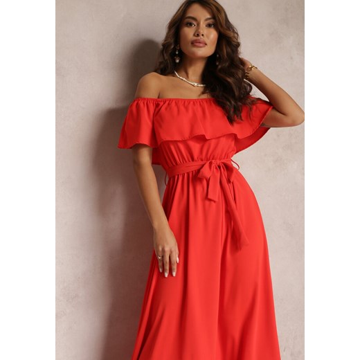 Czerwona Sukienka Hiszpanka Maxi z Falbanką i Wiązanym Paskiem Eirerria Renee L Renee odzież okazja