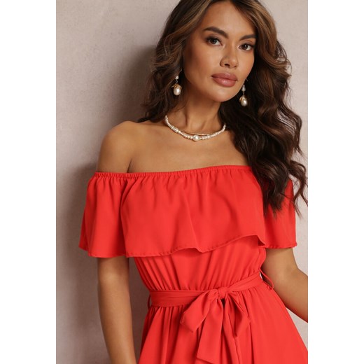 Czerwona Sukienka Hiszpanka Maxi z Falbanką i Wiązanym Paskiem Eirerria Renee L promocja Renee odzież