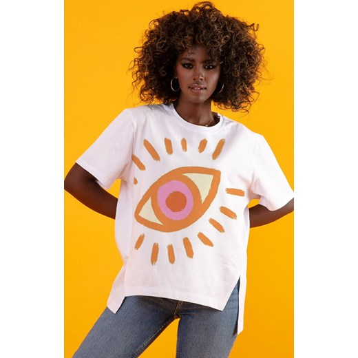 Bawełniany t-shirt damski z nadrukiem F1591, Kolor biały, Rozmiar S/M, Fobya Fobya S/M Primodo