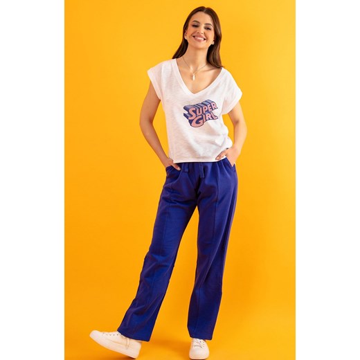 Bawełniany t-shirt damski z dekoltem w serek F1595, Kolor biały, Rozmiar S/M, Fobya ze sklepu Primodo w kategorii Bluzki damskie - zdjęcie 153574454