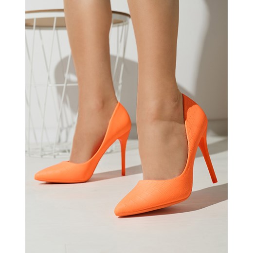 Neonowe pomarańczowe damskie czółenka na szpilce z tłoczeniem Asota - Obuwie Royalfashion.pl 37 royalfashion.pl
