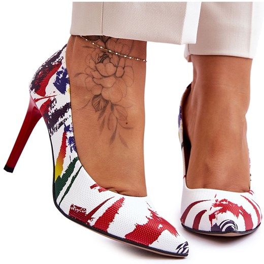 Modne Skórzane Szpilki Lewski Shoes 2659 Biało-Czerwone białe ze sklepu ButyModne.pl w kategorii Czółenka - zdjęcie 153684892