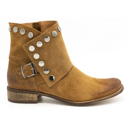 Exousite Skórzane botki damskie z ćwiekami 1198 camel brązowe wielokolorowe Exousite 36 ButyModne.pl