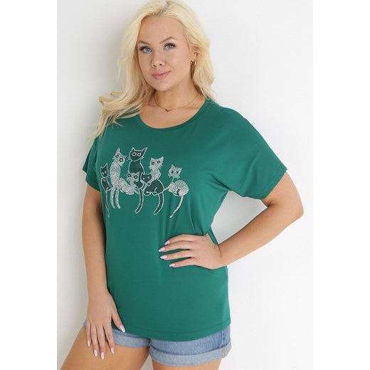 Zielony Bawełniany T-shirt z Krótkim Rękawem z Nadrukiem w Koty z Cekinami 4XL wyprzedaż Born2be Odzież