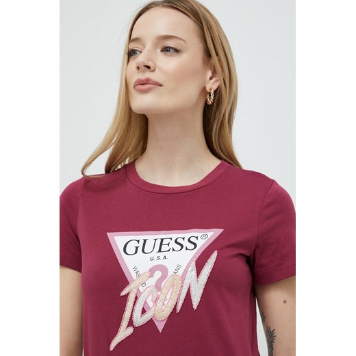 Guess t-shirt bawełniany kolor bordowy ze sklepu ANSWEAR.com w kategorii Bluzki damskie - zdjęcie 154087034