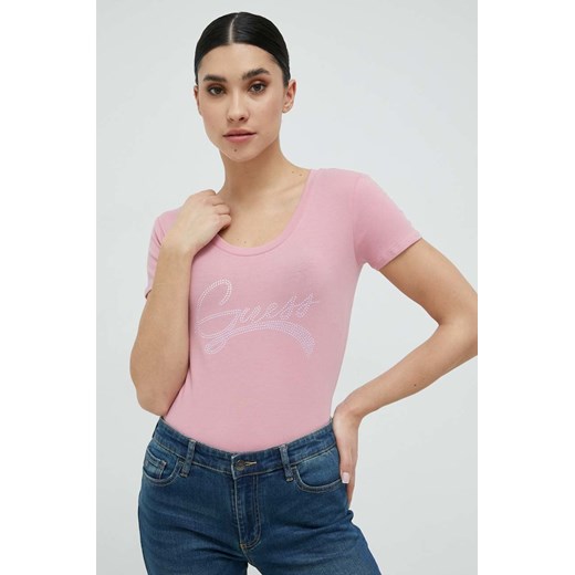 Guess t-shirt damski kolor różowy ze sklepu ANSWEAR.com w kategorii Bluzki damskie - zdjęcie 154087292