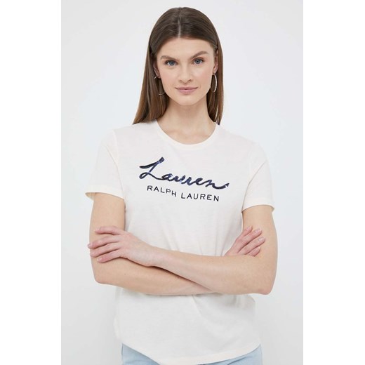 Lauren Ralph Lauren t-shirt damski kolor beżowy ze sklepu ANSWEAR.com w kategorii Bluzki damskie - zdjęcie 154095354