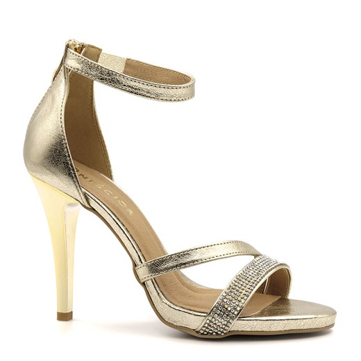 Sandały damskie złote skórzane eleganckie na szpilce 