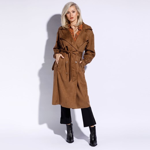Damski płaszcz dwurzędowy z przeszyciami brązowy ze sklepu WITTCHEN w kategorii Płaszcze damskie - zdjęcie 154188502