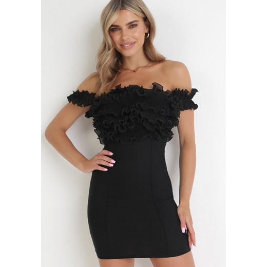 Czarna Dopasowana Sukienka Mini z Falbanką Udirda ze sklepu Born2be Odzież w kategorii Sukienki - zdjęcie 154193580