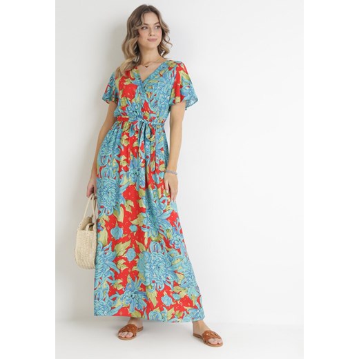 Niebiesko-Czerwona Kopertowa Sukienka Maxi z Gumką w Pasie w Kwiaty z Wiskozy Aryna ze sklepu Born2be Odzież w kategorii Sukienki - zdjęcie 154199241