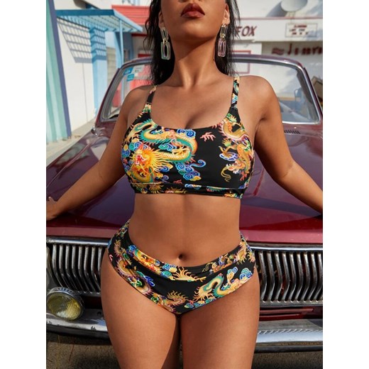 SHEIN Czarny strój kąpielowy wzór (2XL) 2XL SUPELO