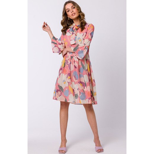 Sukienka szyfonowa w kwiatowy wzór z wiązaniem przy szyi S337, Kolor różowy-wzór, Rozmiar S, Stylove ze sklepu Primodo w kategorii Sukienki - zdjęcie 154311950