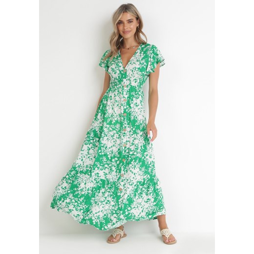 Zielona Rozkloszowana Sukienka Maxi z Gumką w Talii i Ozdobnymi Guzikami Eleatha ze sklepu Born2be Odzież w kategorii Sukienki - zdjęcie 154384700