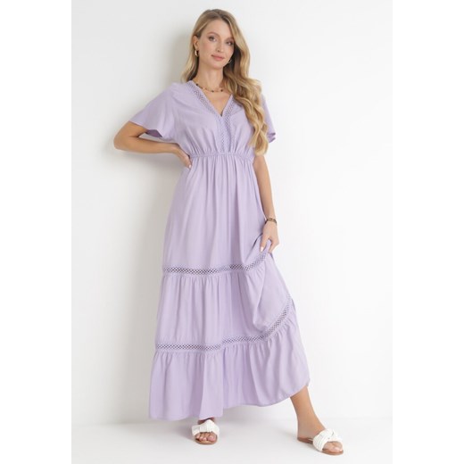 Fioletowa Sukienka Maxi z Gumką w Pasie i Koronkowymi Wstawkami Anandia ze sklepu Born2be Odzież w kategorii Sukienki - zdjęcie 154384710