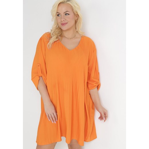 Pomarańczowa Rozkloszowana Sukienka Mini z Plisowaniem Telesi 2XL okazja Born2be Odzież
