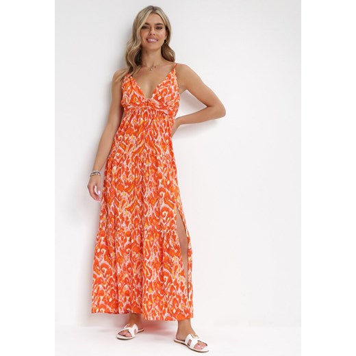 Pomarańczowa Rozkloszowana Sukienka Maxi na Ramiączkach z Głębokim Dekoltem Danila ze sklepu Born2be Odzież w kategorii Sukienki - zdjęcie 154467503