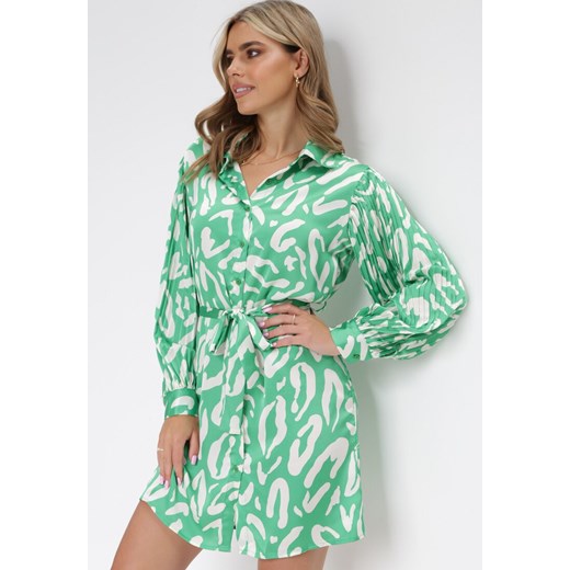 Zielona Sukienka Mini z Plisowanymi Rękawami i Materiałowym Paskiem Sevan ze sklepu Born2be Odzież w kategorii Sukienki - zdjęcie 154467604