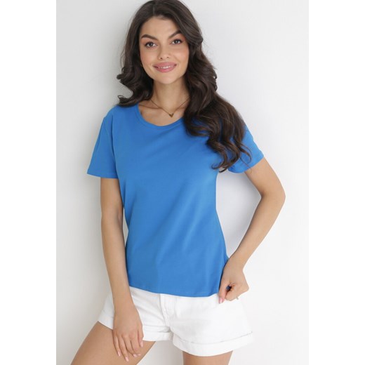 Niebieski Gładki T-shirt z Bawełny z Krótkim Rękawem Charise L promocja Born2be Odzież