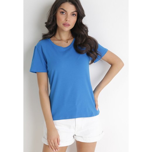 Niebieski Gładki T-shirt z Bawełny z Krótkim Rękawem Charise M wyprzedaż Born2be Odzież