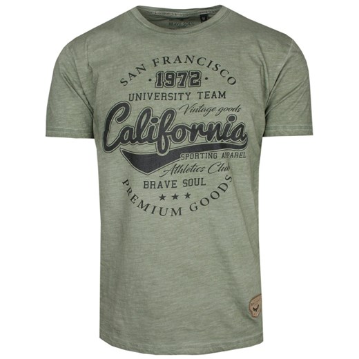 T-Shirt Bawełniany Oliwkowy z Nadrukiem, Styl Vintage, CALIFORNIA, Okrągły Dekolt -BRAVE SOUL TSBRSSS23VIDALolive ze sklepu JegoSzafa.pl w kategorii T-shirty męskie - zdjęcie 154521460