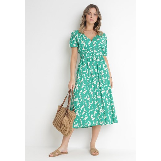 Zielona Sukienka Midi z Wiskozy z Gumką w Pasie i Krótkim Rękawem Dazia ze sklepu Born2be Odzież w kategorii Sukienki - zdjęcie 154531812