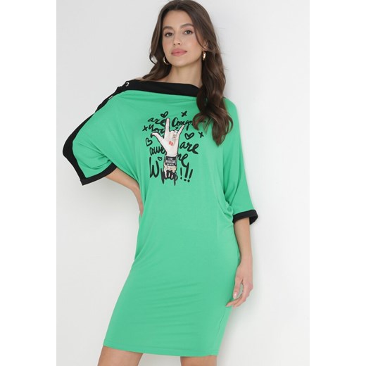 Zielona Tunika na Jedno Ramię z Wiązaniem i Nadrukiem Ebisa ze sklepu Born2be Odzież w kategorii Bluzki damskie - zdjęcie 154536861
