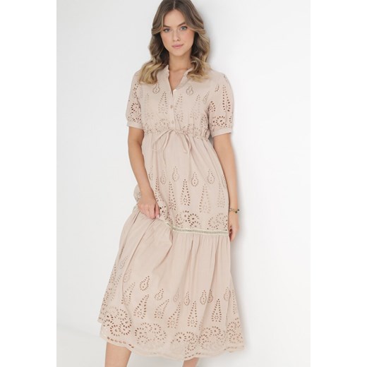 Beżowa Haftowana Sukienka Maxi ze Ściągaczem w Talii Erlina ze sklepu Born2be Odzież w kategorii Sukienki - zdjęcie 154537214