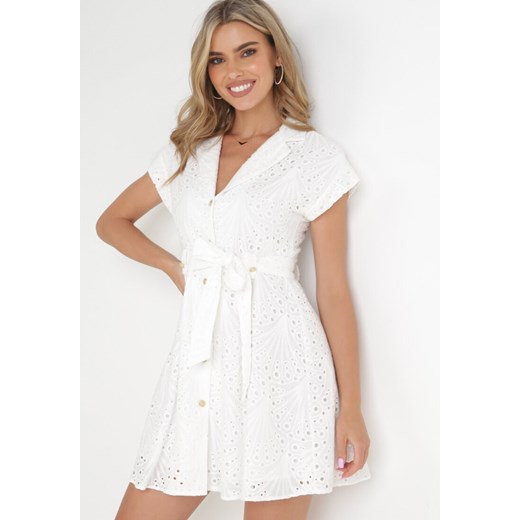 Biała Koszulowa Sukienka Haftowana z Wiązanym Paskiem Tireah ze sklepu Born2be Odzież w kategorii Sukienki - zdjęcie 154537234