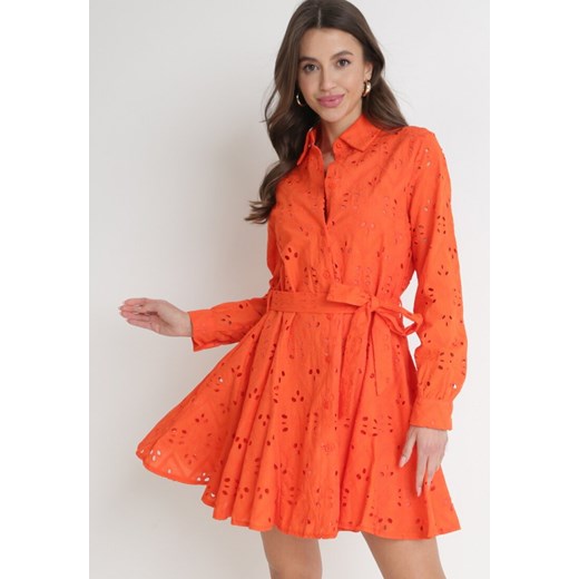 Pomarańczowa Ażurowa Sukienka Bawełniana z Wiązanym Paskiem Ilerah ze sklepu Born2be Odzież w kategorii Sukienki - zdjęcie 154537264