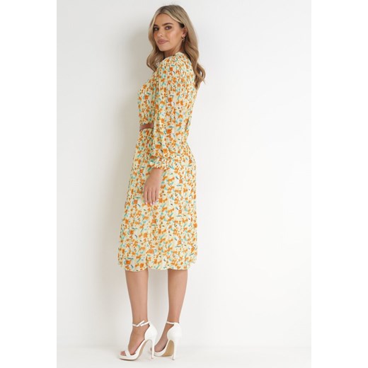 Sukienka Born2be midi żółta z długimi rękawami w kwiaty casual 