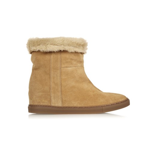 Faux shearling-lined suede wedge ankle boots net-a-porter brazowy 