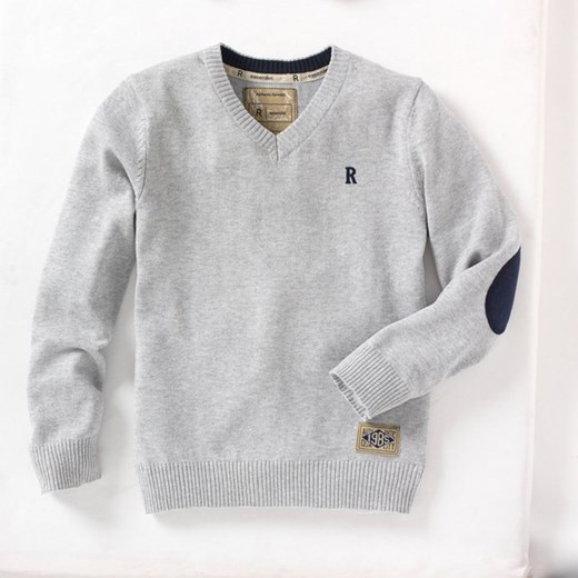 Sweter z dekoltem V, kontrastujące łaty na łokciach la-redoute-pl bialy bawełna