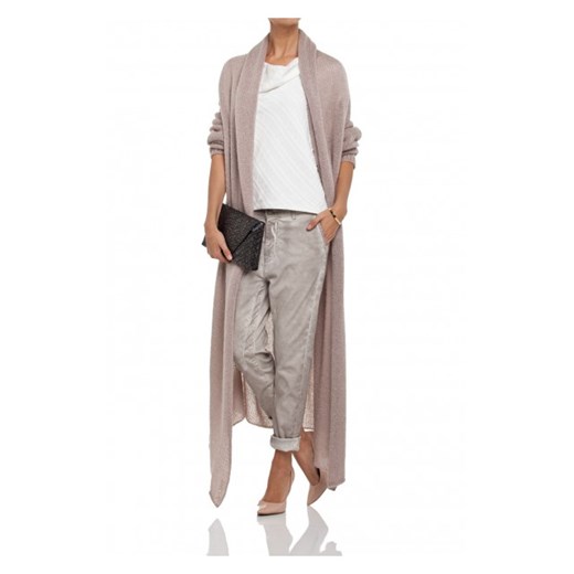 Sweter maxi rozpinany pudrowy róż mostrami brazowy
