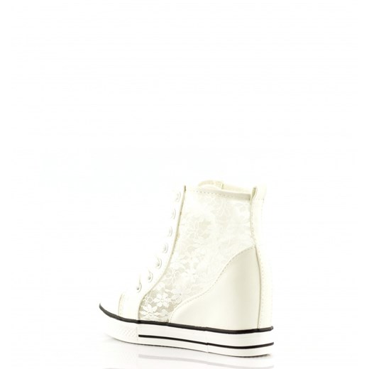 Białe Koronkowe Sneakersy White Lace Sneakers born2be-pl bezowy materiałowe