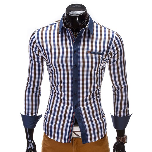 Koszula K151 - BRĄZOWA ombre fioletowy Koszule w kratę męskie