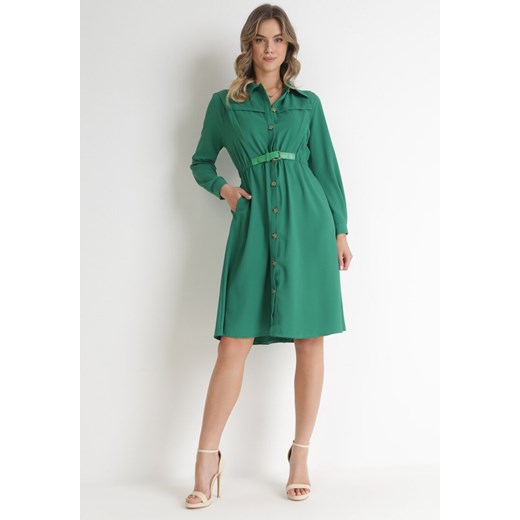 Zielona Sukienka Midi z Gumką w Pasie i Dodatkowym Paskiem ze Sprzączką Zawadi ze sklepu Born2be Odzież w kategorii Sukienki - zdjęcie 155785392