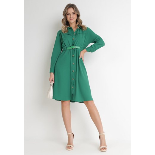 Zielona Sukienka Midi z Gumką w Pasie i Dodatkowym Paskiem ze Sprzączką Zawadi S promocyjna cena Born2be Odzież