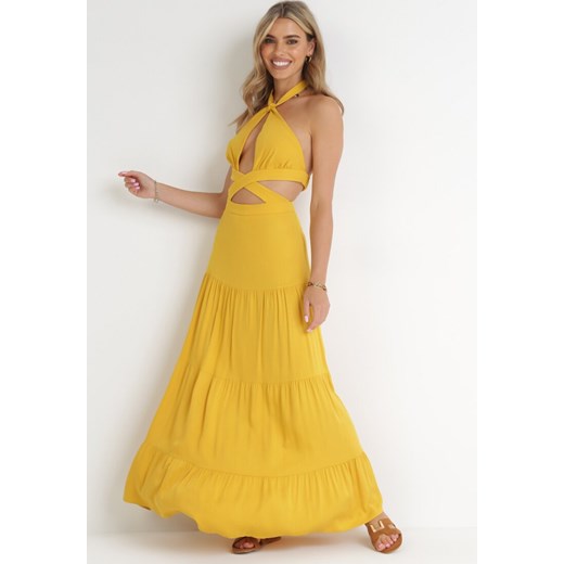 Żółta Rozkloszowana Sukienka z Wycięciami i Wiązaniem Abisal ze sklepu Born2be Odzież w kategorii Sukienki - zdjęcie 155785462