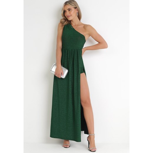 Zielona Asymetryczna Sukienka Maxi z Rozkloszowanym Dołem i Wycięciem z Brokatem Acaisa ze sklepu Born2be Odzież w kategorii Sukienki - zdjęcie 155785540