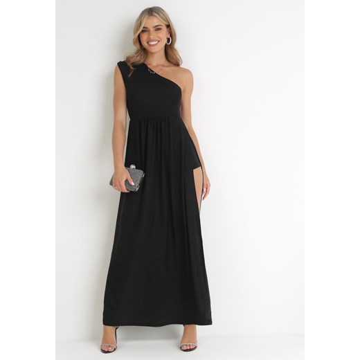 Czarna Asymetryczna Sukienka Maxi z Rozkloszowanym Dołem i Wycięciem z Brokatem Acaisa ze sklepu Born2be Odzież w kategorii Sukienki - zdjęcie 155785560
