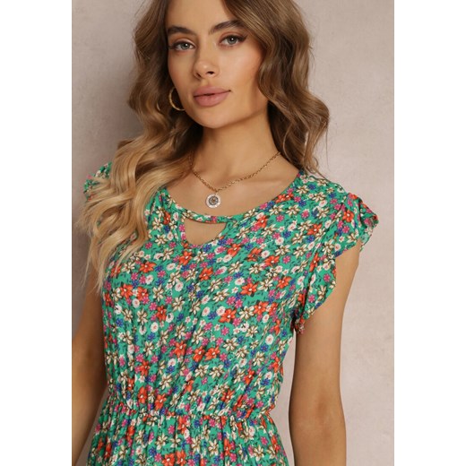 Zielona Rozkloszowana Sukienka Bawełniana w Kwiaty z Gumką w Pasie Erlolla Renee S okazyjna cena Renee odzież
