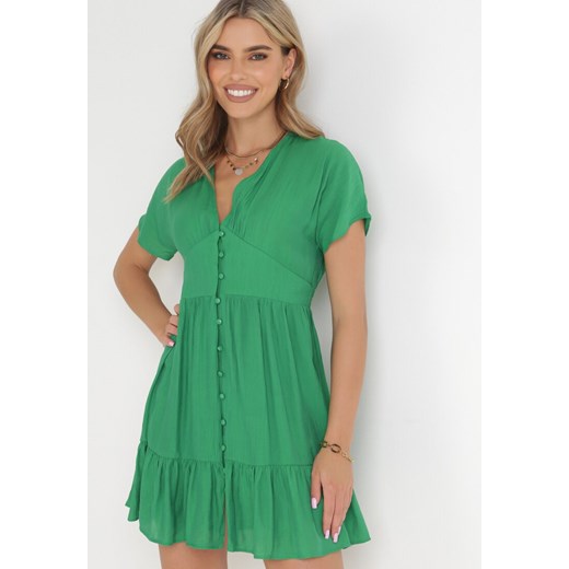 Zielona Sukienka Szmizjerka Mini z Falbanką i Ozdobnymi Guzikami Nenka ze sklepu Born2be Odzież w kategorii Sukienki - zdjęcie 155811340